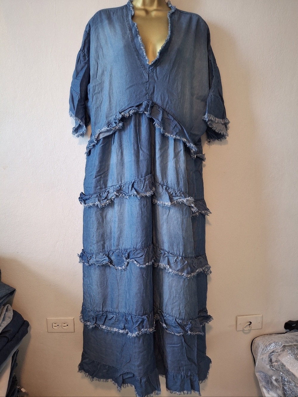 Italin Denim Blue Tiered Ruffle Maxi Dress